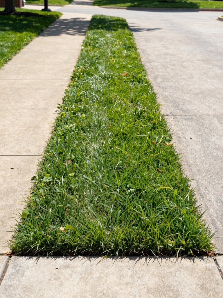 Straight-on composition of a perfectly manicured green lawn in Northeast Philadelphia, featuring crisp, clean edges along a concrete driveway under bright morning daylight.