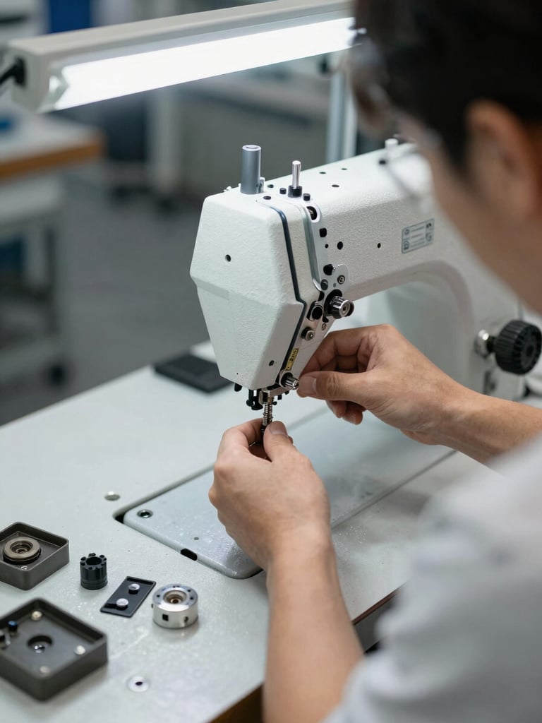 Over-the-shoulder view of a technician's hands tightening a bolt on an industrial sewing machine head, organized spare parts on a metal workbench in the foreground, bright workshop overhead lighting, factory floor context visible in the background