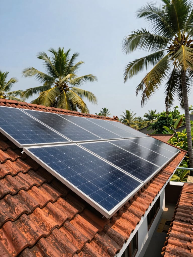 Wide environmental shot of a Kerala tiled residential rooftop with solar panels installed across south-facing slope, photographed from ground level looking up, bright tropical midday sun catching the panel surfaces, surrounding coconut palms and Kerala sky visible at frame edges