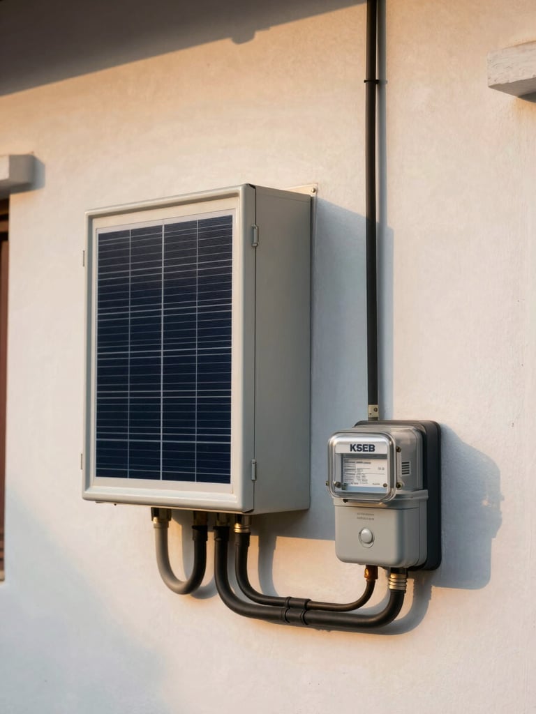 Close-up wide shot of a solar inverter and meter box mounted on a whitewashed Kerala house wall, KSEB meter visible in the lower right, conduit runs and cable management detail in focus, warm early-morning golden light raking across the wall surface from the left