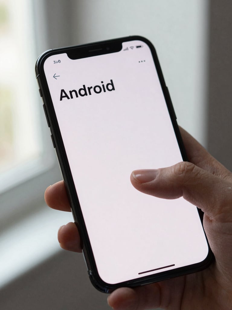 Close-up of a hand holding an Android phone, finger resting on a clean minimal app interface, sharp UI typography visible on screen, clean daylight from a nearby window, phone edge in sharp focus