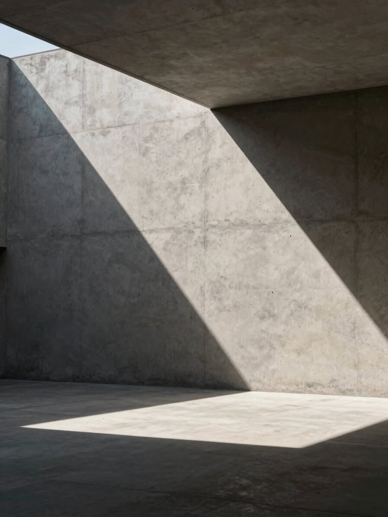 Architectural geometry, hard direct sunlight casting sharp geometric shadows on a concrete wall, vast negative space.