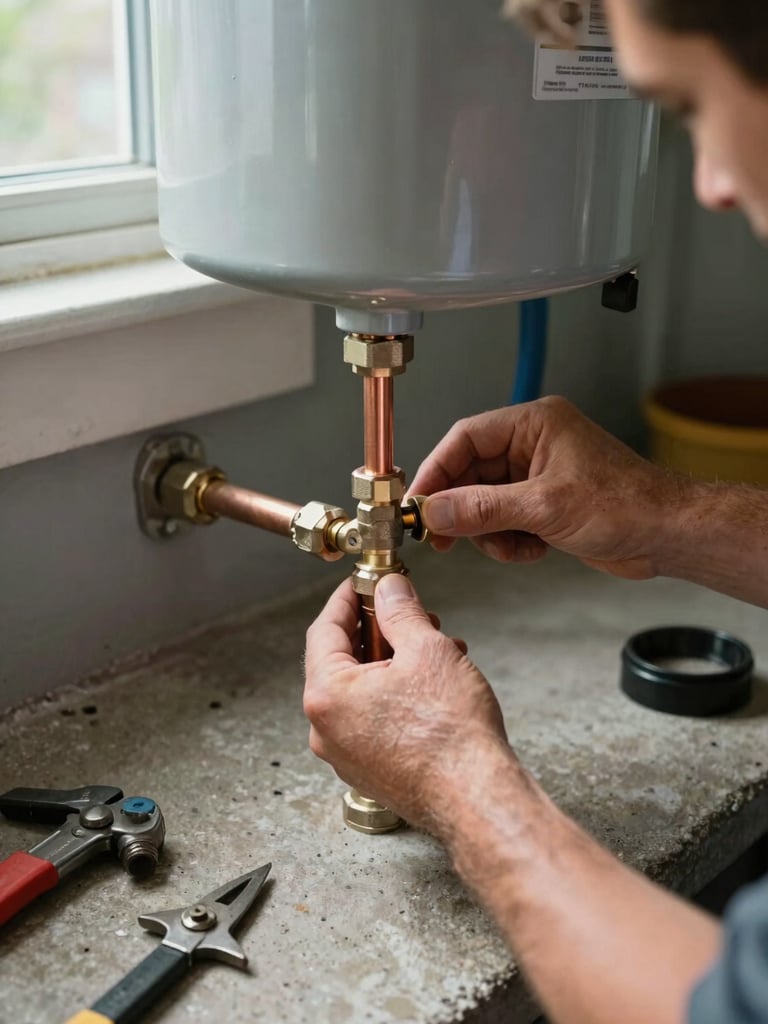 Close-up of a plumber's hands tightening copper pipe fittings on a new tank water heater in a residential basement on Montreal's South Shore, natural daylight from a small window, tools on the concrete floor beside the unit