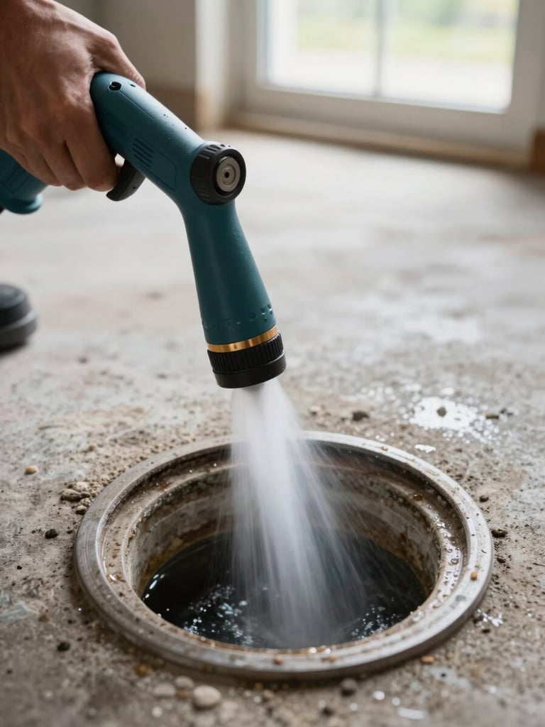 Close overhead shot of a hydrojet nozzle being lowered into a residential drain pipe opening, high-pressure water jet visible, South Shore basement floor in background, natural afternoon light from a ground-level window, no faces, focus on the nozzle and pipe