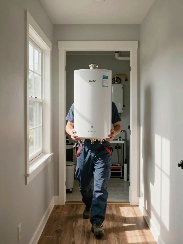Wide shot of a technician carrying a new tankless water heater unit through a suburban South Shore home hallway toward the utility room, afternoon light through a side window, no face visible