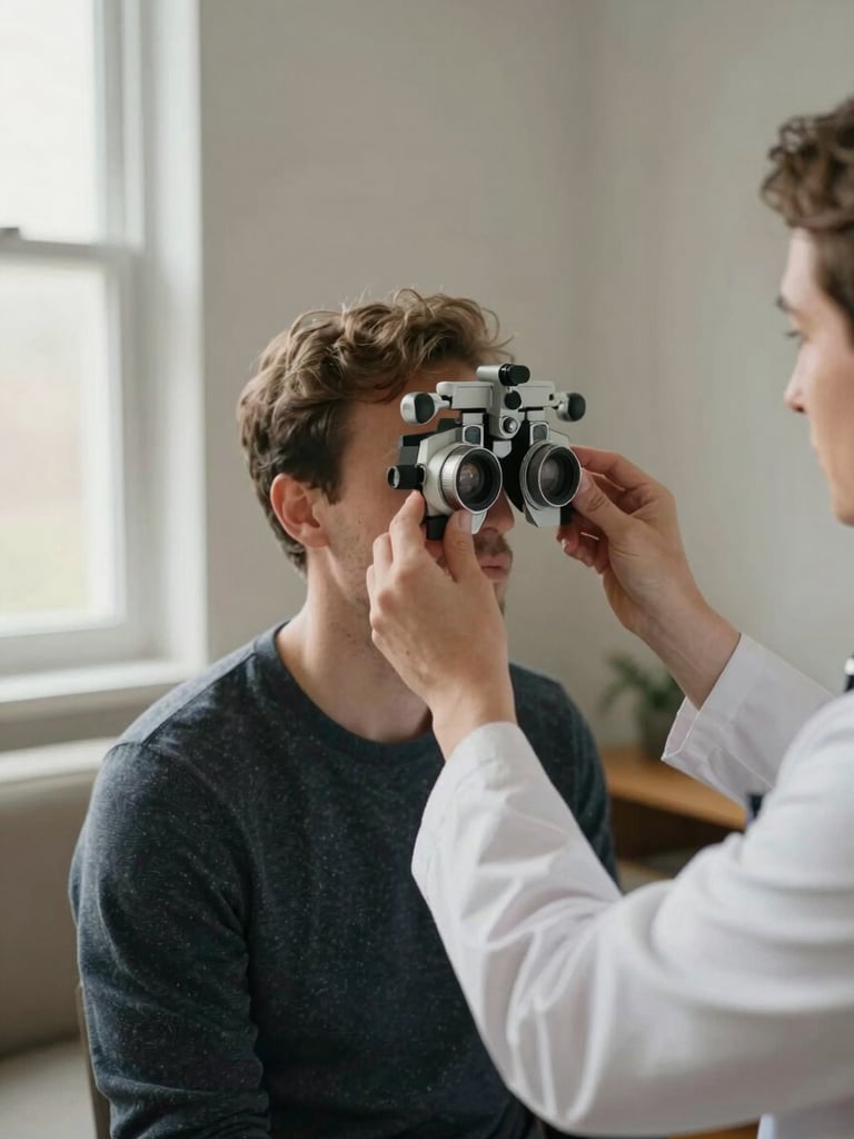 Intimate medium shot of an optometrist's hands positioning a phoropter in front of a patient seated in a calm home living room, soft natural window light from the left, neutral wall in background, no clutter