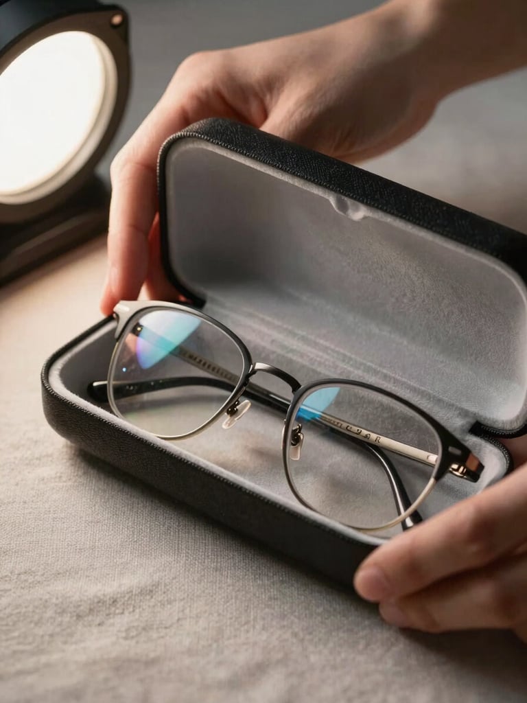 Extreme close-up of hands holding an open eyeglass case with a pair of fitted frames on a neutral linen surface, soft studio light from the left, lens clarity visible, no text or branding in frame