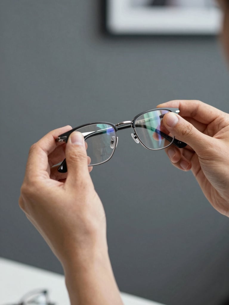 Close-up of an optician's hands gently adjusting temple arms of eyeglass frames on a patient's face in a quiet home office setting, soft diffused daylight, charcoal background wall, precise and calm