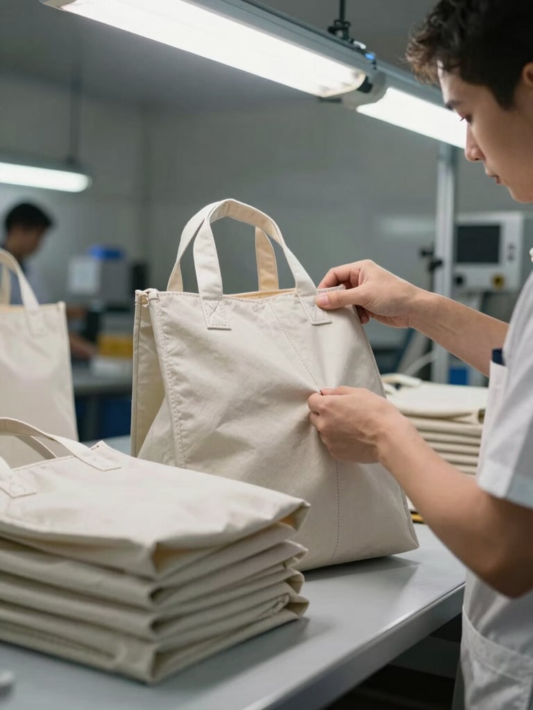 Close-up of a quality control station inside a bag factory, a worker in uniform carefully inspecting stitching on a structured tote bag under bright studio-style overhead lighting, neatly folded finished bags stacked on the table beside them, sharp detail on seam construction, neutral concrete wall in background