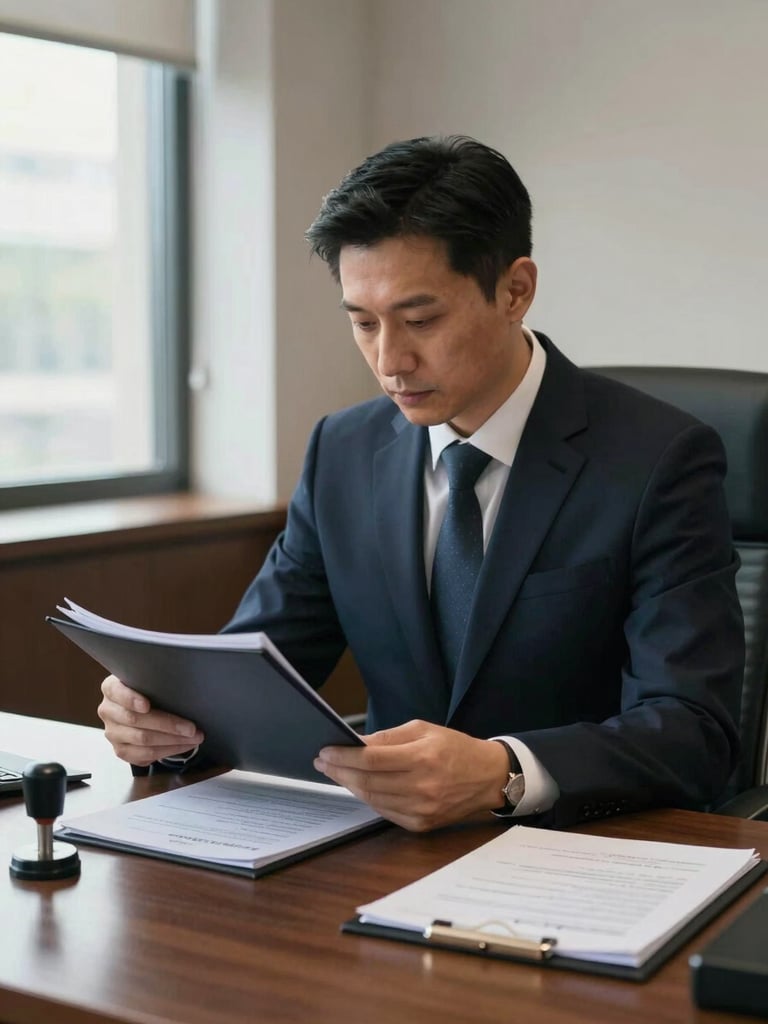 Close medium shot of a male attorney in a dark navy suit seated at a large wooden desk, reviewing a thick legal folder, cool office window light from the left, notarial stamp and certified documents visible on the desk surface, face slightly angled downward in concentration