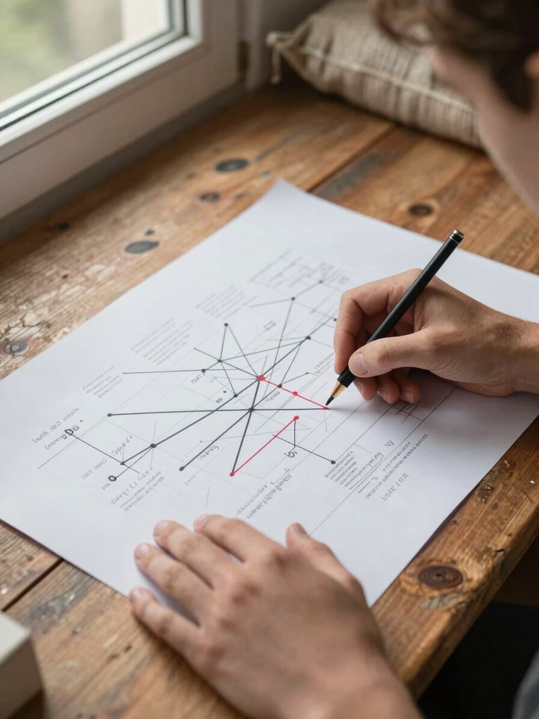 Close overhead study of hands tracing routes on a hand-drawn supply network diagram spread across a worn wooden table, north-facing daylight from a side window, pencil marks and small annotations visible, grain sacks blurred in the background