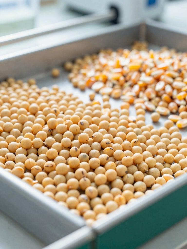 Close-up of golden raw soybeans and corn grains being analyzed in a clean, high-key agricultural laboratory, bright natural daylight, sharp focus