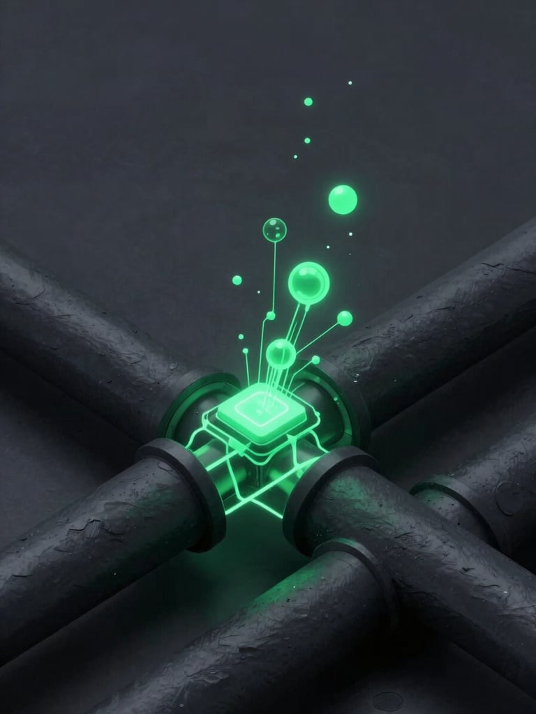 sleek 3d render of abstract glowing data nodes flowing through a dark slate pipe, electric green accents, dark mode aesthetic, macro isometric shot