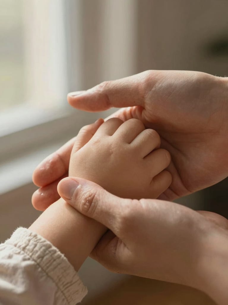 Extreme close-up of two hands loosely held, adult fingers wrapped around a small child's hand, warm morning window light crossing the frame from the left, soft-sand linen sleeve visible at the edge, shallow depth of field, muted warm tones, no props, no staging