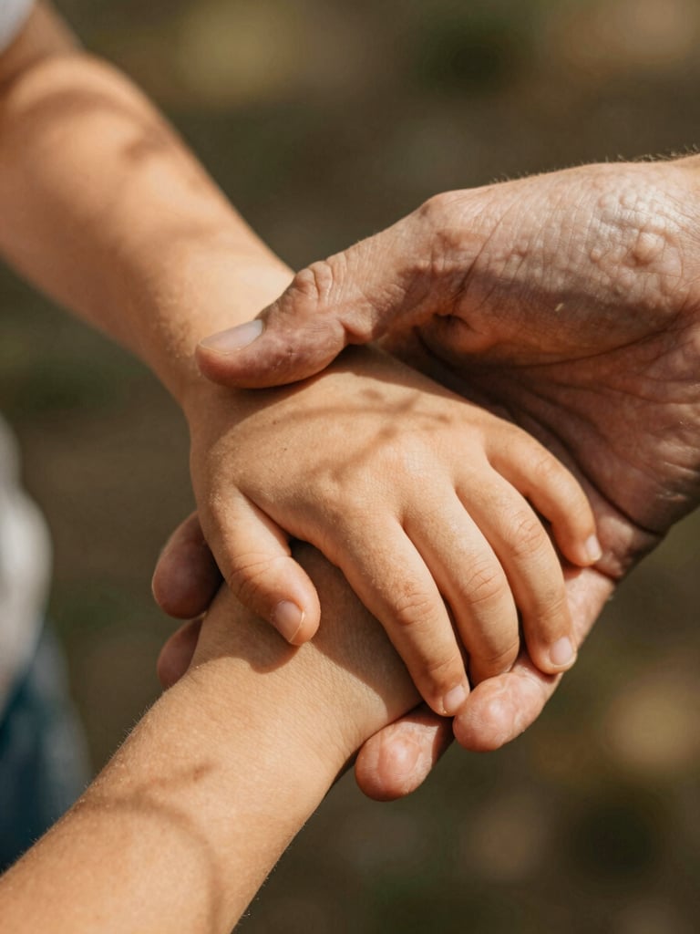 Extreme close-up of a parent's weathered hand gently holding a small child's hand, dappled morning light filtering through leaves overhead, warm golden tones, shallow depth of field, soft natural grain visible in the shadows