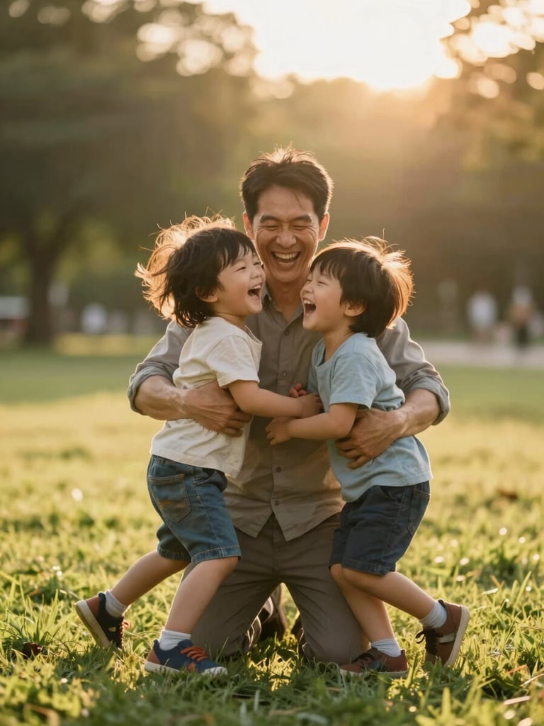 Portrait-format image of a father kneeling in a sun-drenched park, arms wrapped around two young children who are squirming and giggling, all three mid-laugh, warm golden-hour backlight, soft grass in foreground