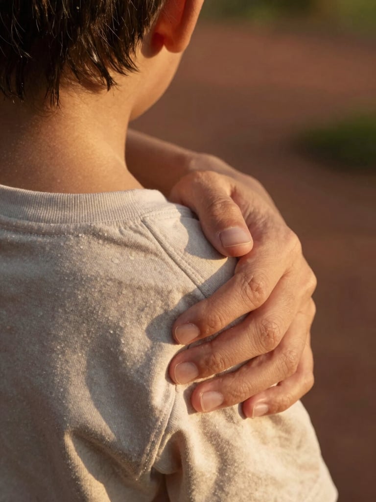 Extreme close-up, portrait orientation: a parent's hand resting on a young child's shoulder in dappled morning shade, both figures in soft focus beyond the hands, warm golden light cutting across from the upper left, earthy terracotta tones in the background foliage