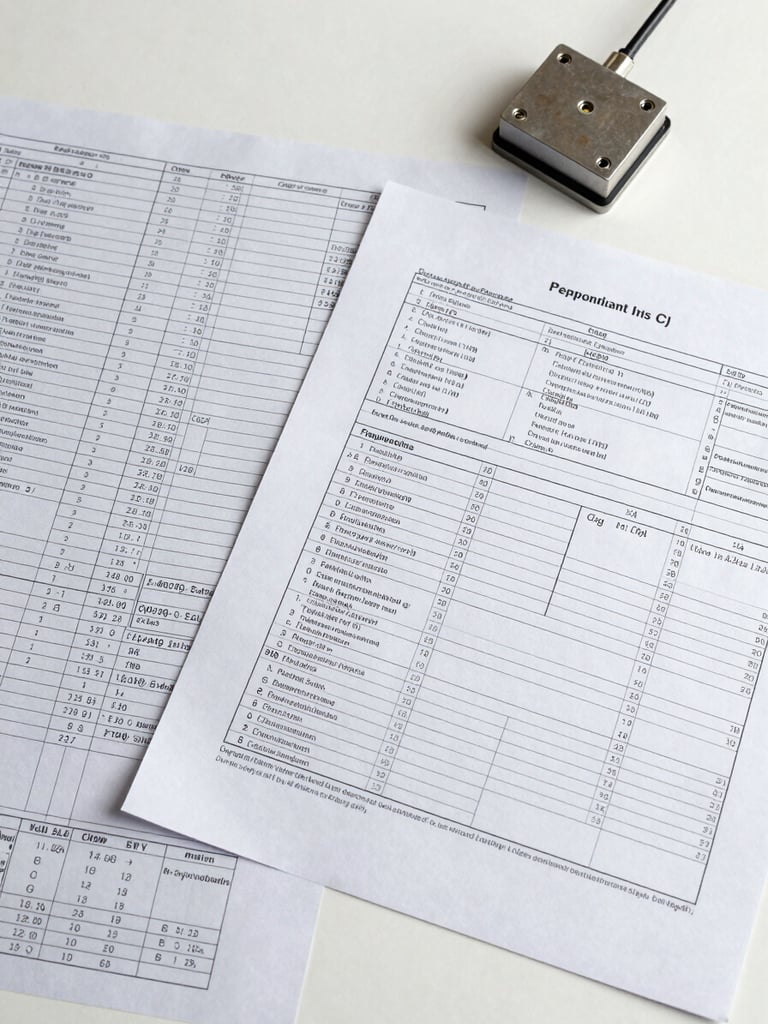 Overhead flat-lay of technical specification documents and compliance paperwork spread across a clean white surface, precision-printed engineering tables visible, a metal sensor housing resting at the upper right corner, even north-facing studio light rendering paper texture and ink detail without shadow drama