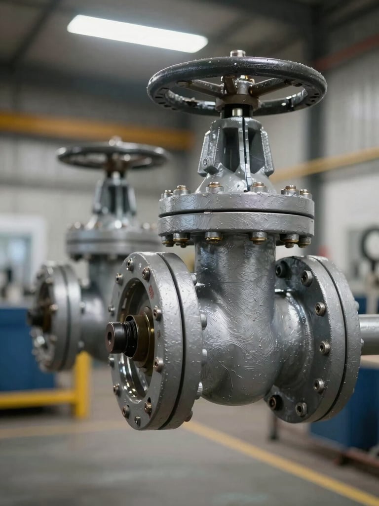 Medium close-up of a large industrial gate valve with flanged connections, shot in an industrial facility under even overhead fluorescent light that reveals weld seams and surface markings without harsh shadow, the valve occupying the right frame edge to edge