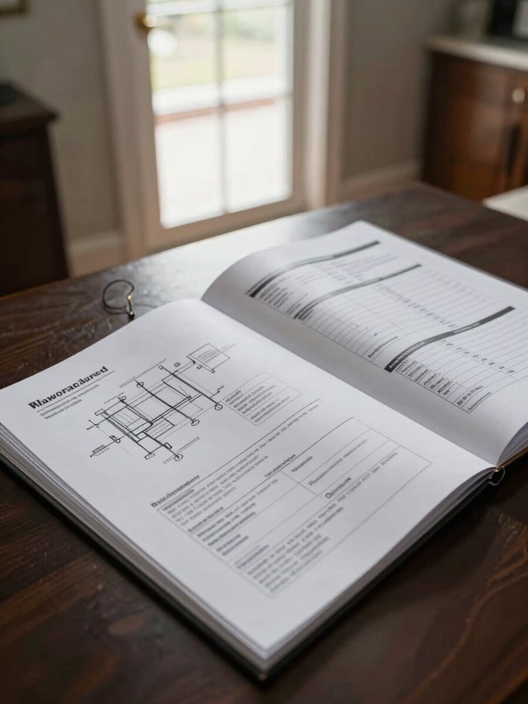 Overhead shot of a completed technical handover folder open on a table — schematic drawings, warranty certificate, and a maintenance schedule visible under diffuse natural window light in a residential hallway
