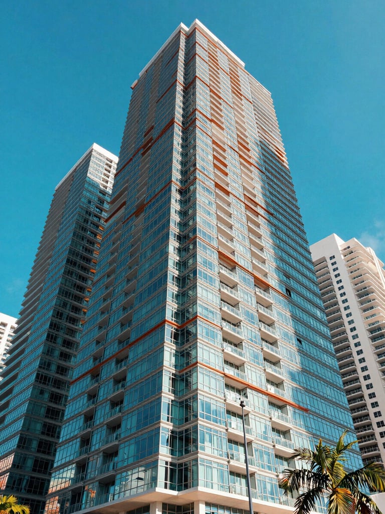 A portrait-oriented architectural photograph of modern glass skyscrapers in Brickell, Miami, shot from a low angle under intense, sharp tropical daylight with deep geometric shadows and a vivid blue sky, 35mm.