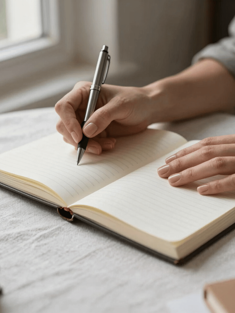 Close study of a woman's hands resting open over a ruled notebook on a pale linen desk surface, one hand holding a pen mid-pause, diffused north-facing daylight from a window left of frame, shallow depth of field, soft shadow across the page