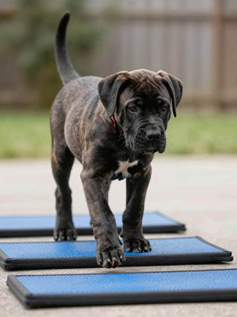 A Cane Corso puppy calmly navigating a series of low obstacles and tactile surfaces during early neurological stimulation training, bright natural light.
