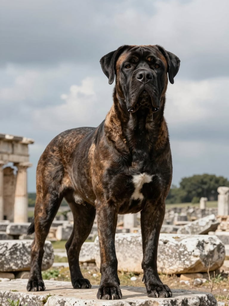A majestic Cane Corso standing near ancient stone ruins in Italy, overcast high-contrast daylight highlighting its noble expression.