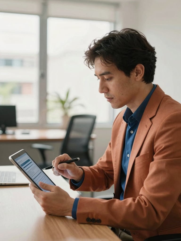 A professional financial consultant in a bright Medellín office discussing a credit profile on a tablet, warm daylight, shallow depth of field, 35mm