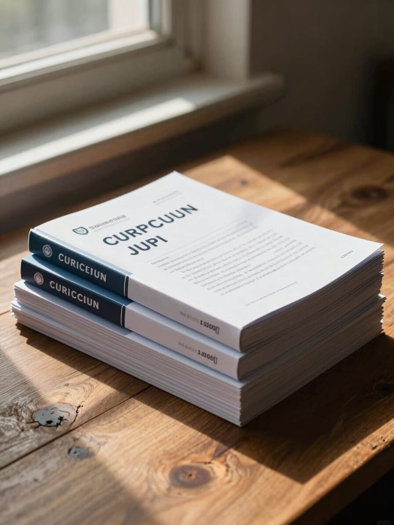Medium shot of physical curriculum handbooks and official gazette documents stacked on a rustic wooden desk, dramatic side lighting from a window, warm tones, architectural shadows.