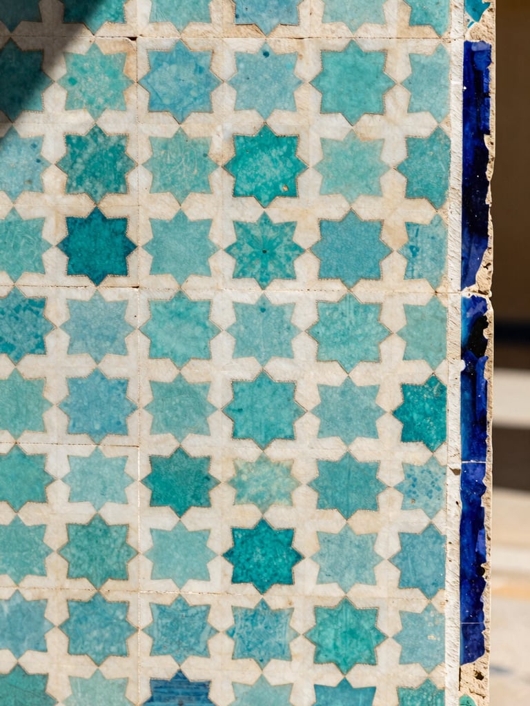 Extreme close-up of a traditional Moroccan zellige tile panel, turquoise and ivory geometric star pattern, soft diffused north-facing daylight, sharp geometric edges, right edge kissing the canvas frame