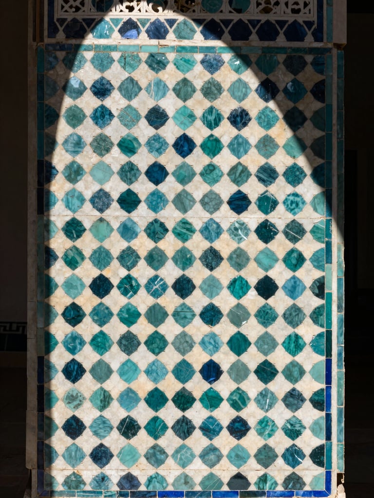 Close-up architectural detail of a zellige tile panel in a Tangier interior, deep teal and ivory geometric mosaic in sharp natural north-facing daylight, pattern filling the entire frame edge to edge, no human subjects