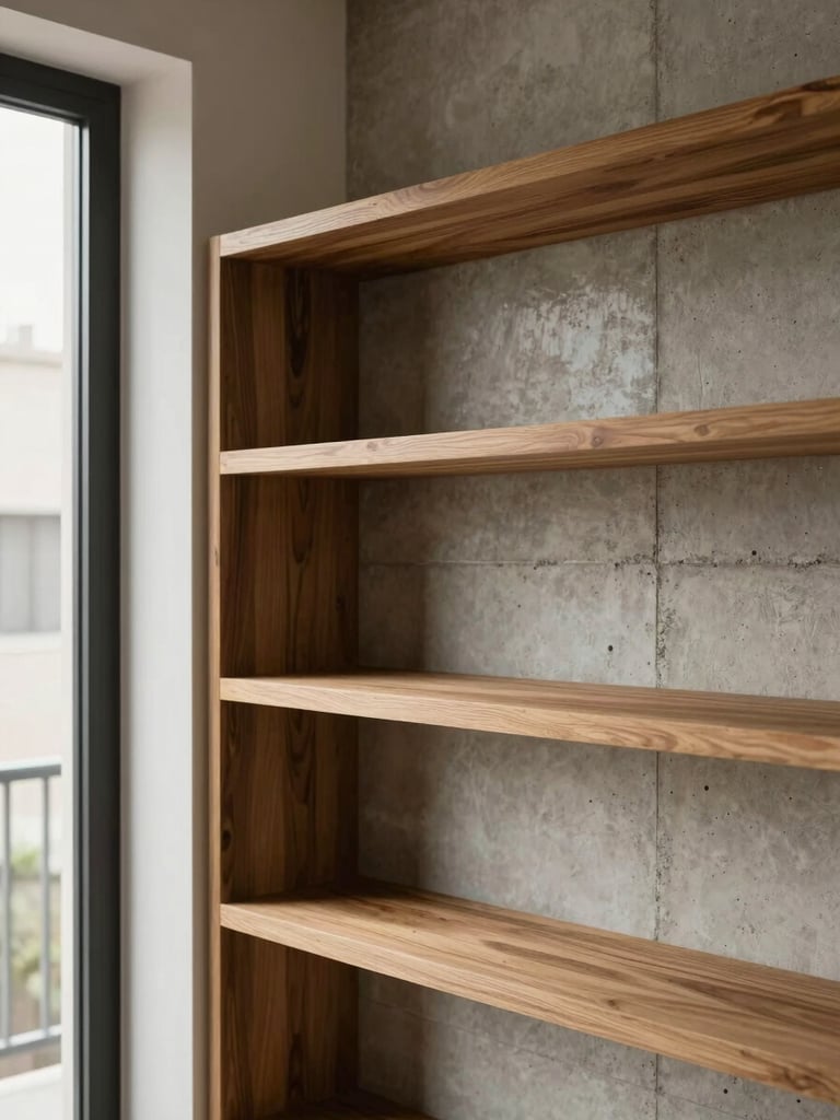 Wide environmental view of a built-in shelving unit meeting a concrete wall in a Lima apartment, soft north-facing window light from the left, close crop on the corner joint where custom wood panel meets existing plaster, natural daylight, no props