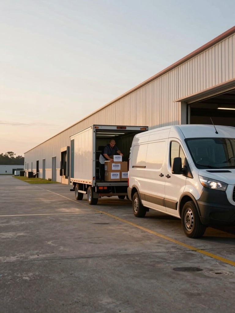 Wide environmental shot, Ladson South Carolina, early morning golden hour — a cargo van parked at a loading dock on the right, driver transferring a labeled parcel from truck bed to dock, open industrial yard behind, long flat horizon, warm natural light raking across the pavement
