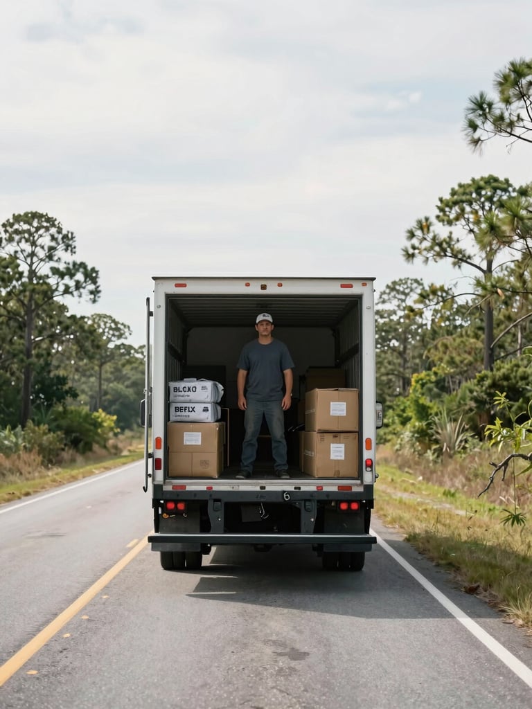 Environmental wide shot of a delivery driver standing beside an open truck cab door on a South Carolina two-lane road, bright overcast daylight, pine flatlands stretching to the horizon, parcels visible through the open door