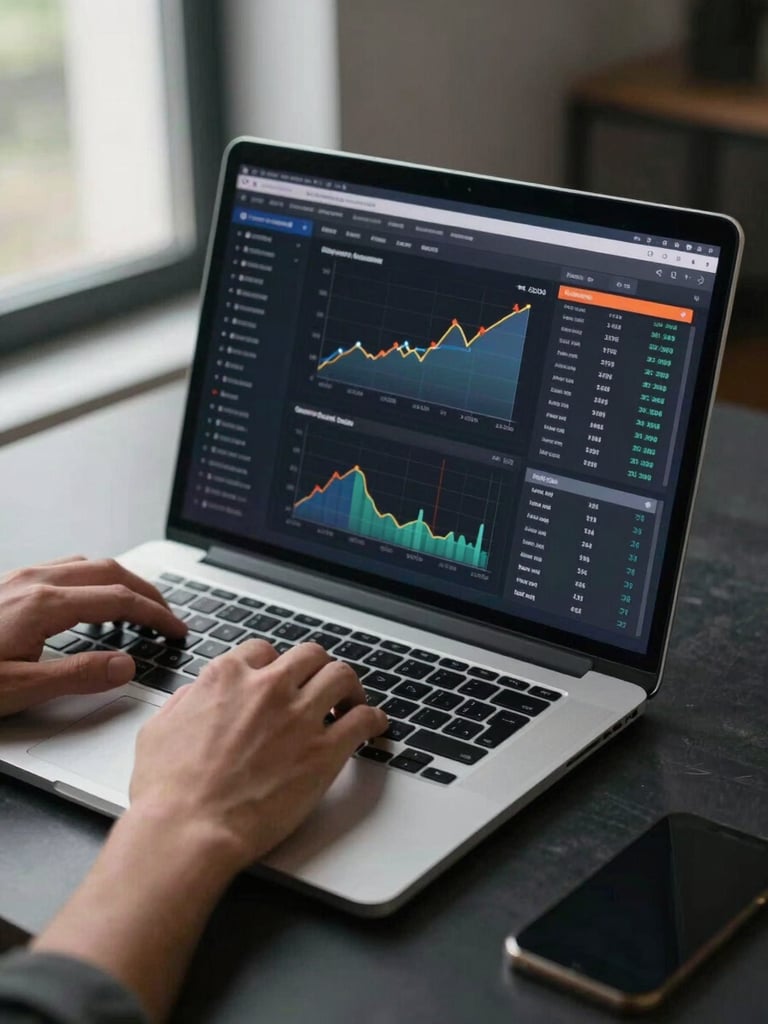 Wide shot of a laptop screen displaying a live campaign analytics dashboard with conversion graphs and revenue metrics, hands resting on keyboard mid-work, clean daylight from a window to the left, dark desk surface, tight crop emphasizing the data readout