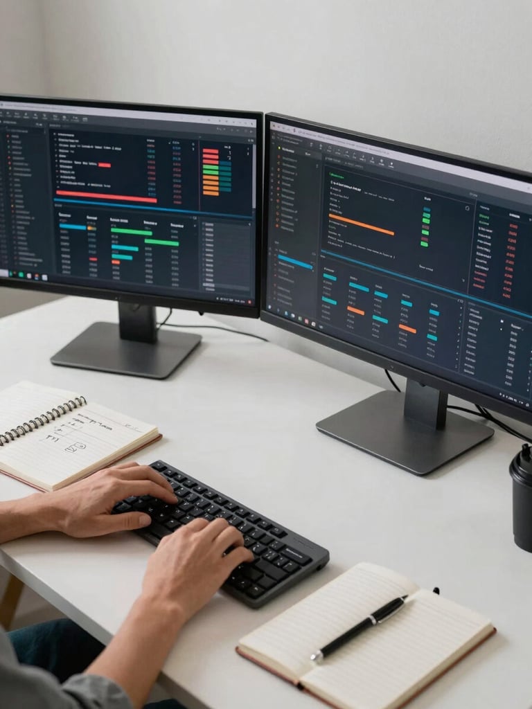 Wide shot of a productive desk with dual monitors displaying real-time campaign analytics dashboards, hands typing on keyboard, notebook with handwritten KPI targets open beside laptop, clean studio daylight, tight overhead crop