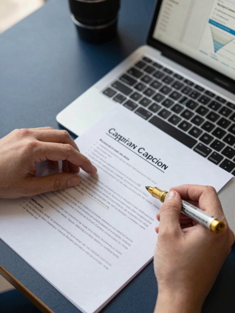 Close-up overhead flat-lay of a campaign brief annotated with gold marker on a dark navy desk, laptop partially visible showing a funnel analytics dashboard, clean daylight from upper left, hands visible mid-annotation, no people's faces