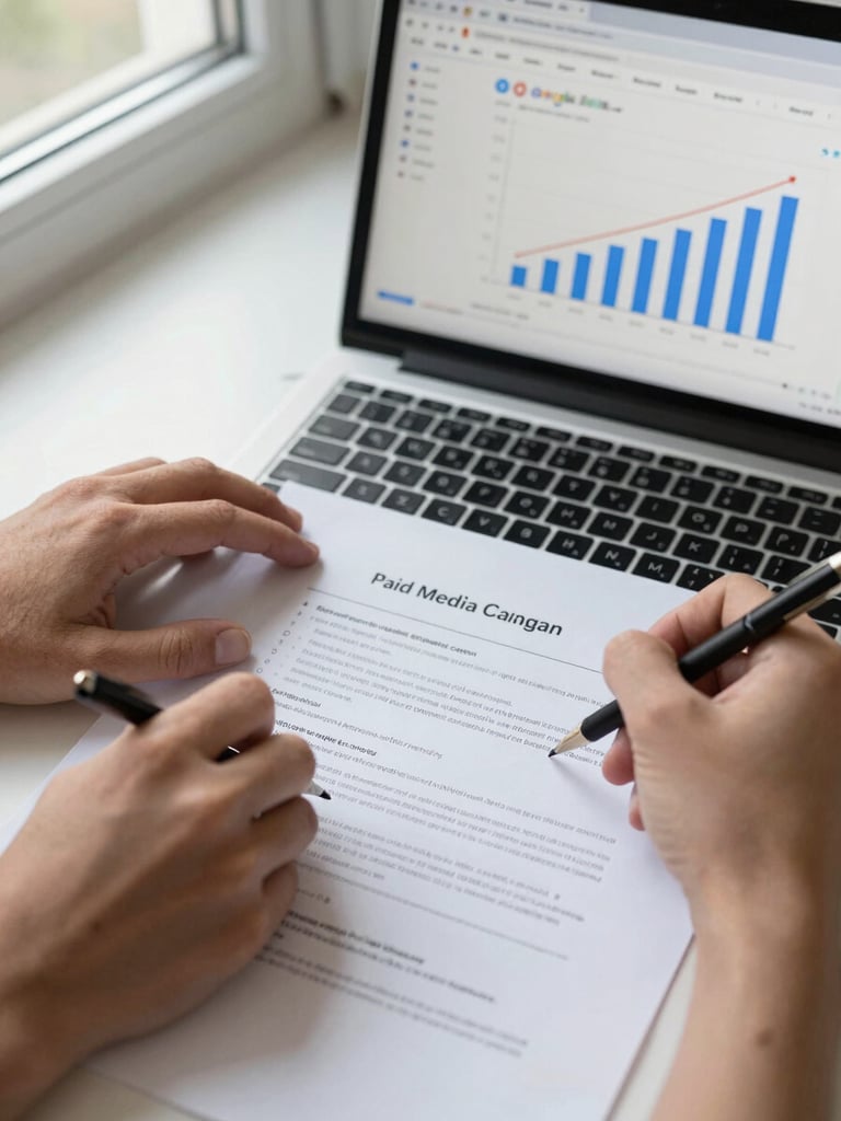 Close-up of hands annotating a paid-media campaign brief on paper, laptop open to a Google Ads dashboard showing rising conversion graph, clean daylight from a side window, overhead angle, campaign metrics visible on screen