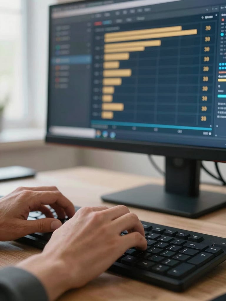 Close-up of hands on a keyboard mid-campaign, a secondary monitor behind showing a paid acquisition cost dashboard with blue and gold data bars, clean daylight from the left, shallow depth with the desk surface visible in the foreground