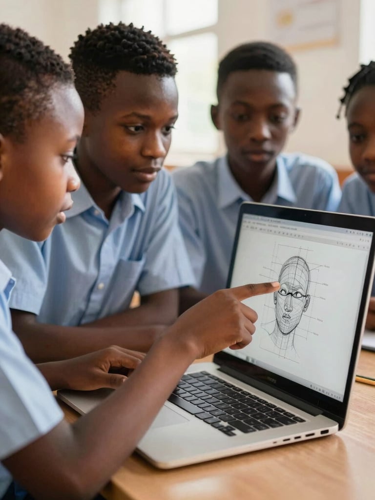 Close-up dynamic shot of African high school students huddled over a laptop in a bright classroom, pointing at a wireframe sketch on screen, natural sunlight