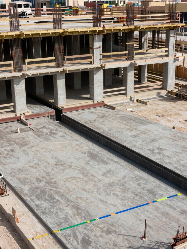 Wide overhead plan-view of an active Dubai construction site showing phased slab pours at different levels, rebar placement visible on upper deck, MEP conduit runs marked with colour tape on lower slab, daylight, minimal correction, no workers in frame