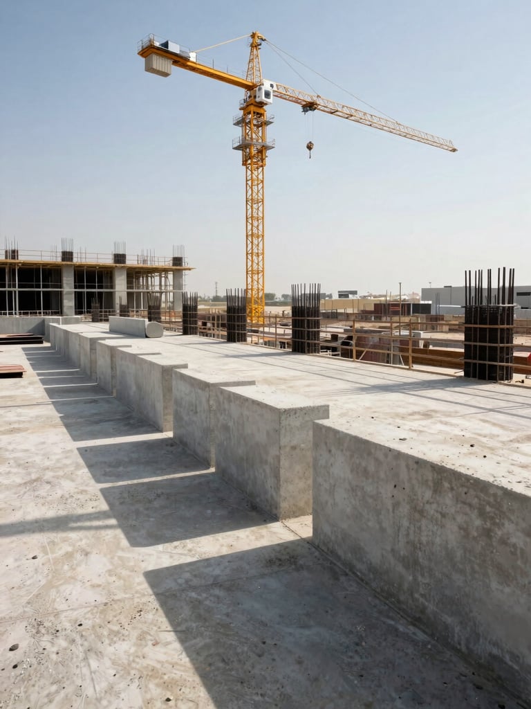 Wide environmental shot from the right edge of an active Dubai construction site — concrete formwork panels aligned in the foreground, a tower crane arm cutting diagonally across the upper frame, midday sun casting sharp angular shadows across the slab deck, no workers in frame, raw structural material filling the full right bleed
