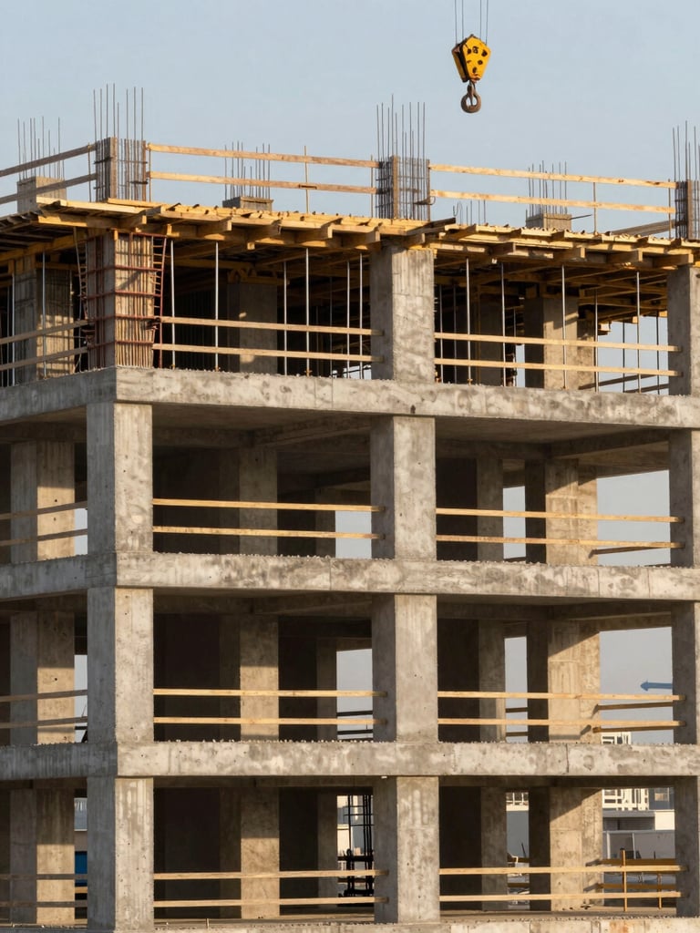 Close environmental shot of a mid-rise residential structure under active construction in Dubai, concrete columns and floor slabs visible in successive levels, crane hook descending upper right, late-afternoon daylight casting hard shadows across the slab edges, no workers in foreground