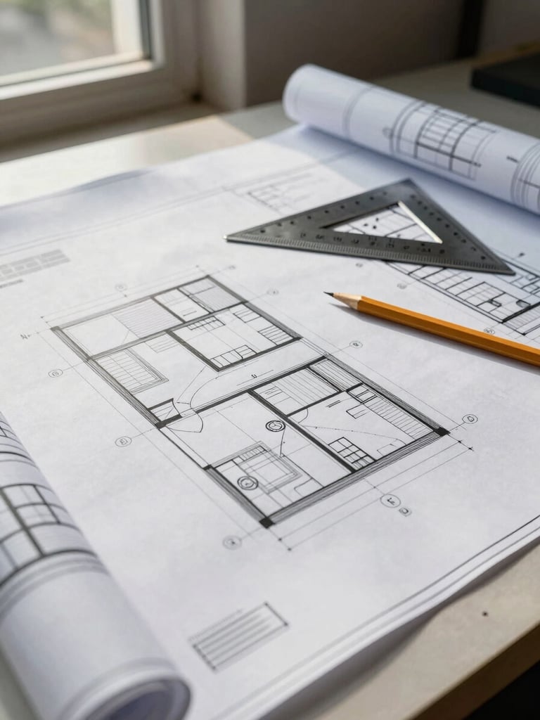 Close-up wide shot of architectural blueprints and structural drawings spread across a site table, a steel set-square and pencil resting on the sheets, natural daylight from a site window casting soft shadows across the technical linework, concrete wall visible in the background, no people