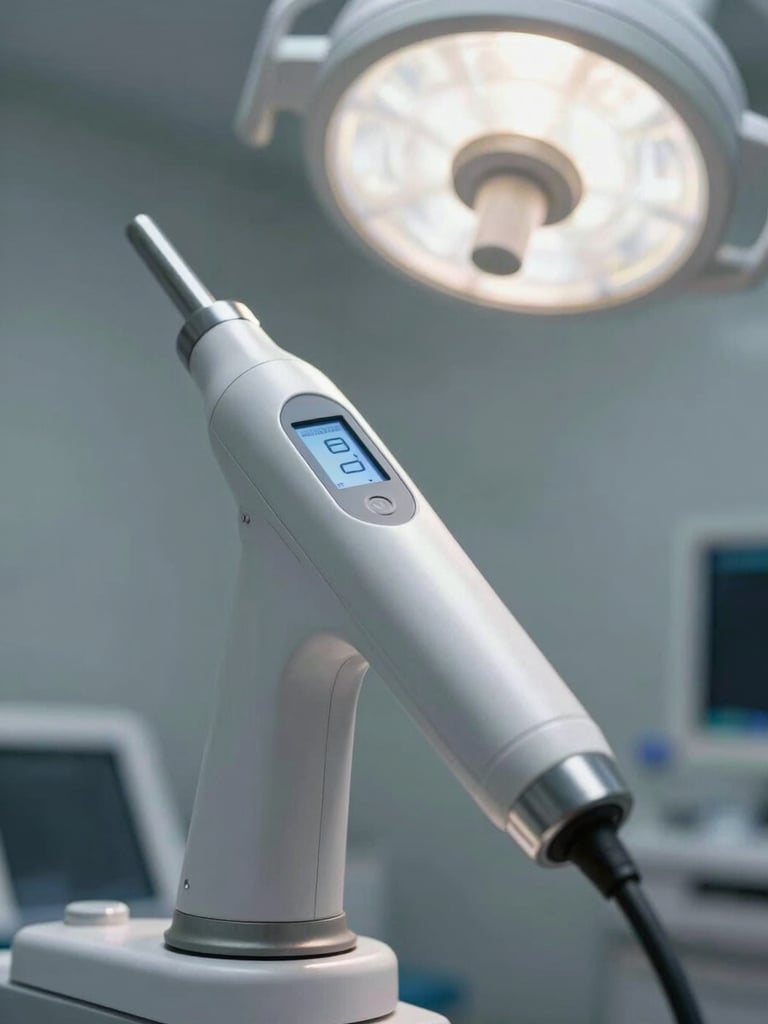 Macro photograph of a modern digital dental scanner in a brightly lit, sterile clinic, high-contrast clinical lighting.