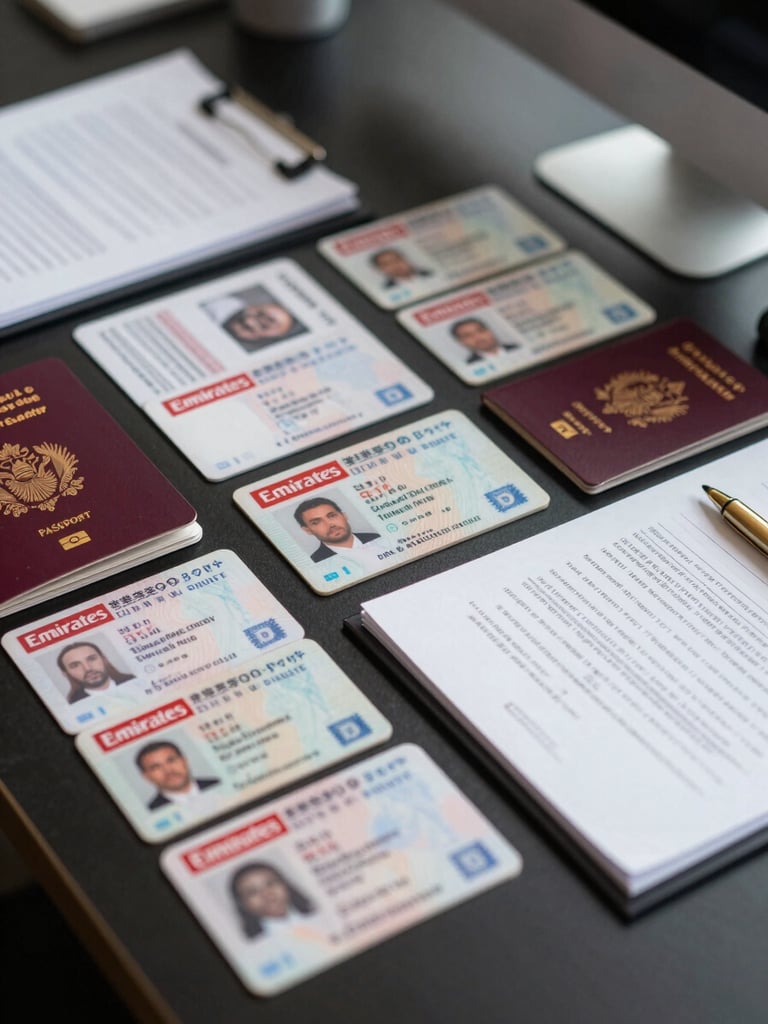 Overhead close-up of an organized office desk in controlled daylight — passports, Emirates ID cards, and official stamped forms arranged in neat overlapping rows on a dark surface, a single gold pen resting at the edge of an open document folder, no people visible