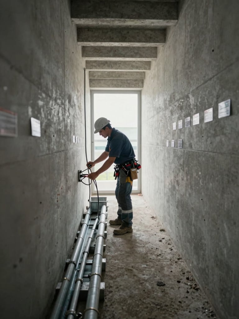 Wide shot from left side of a job site corridor, electrician's hands routing armored conduit through a steel tray on a concrete wall, natural daylight from a window at the far end, wire labels visible mid-frame, industrial ceiling above