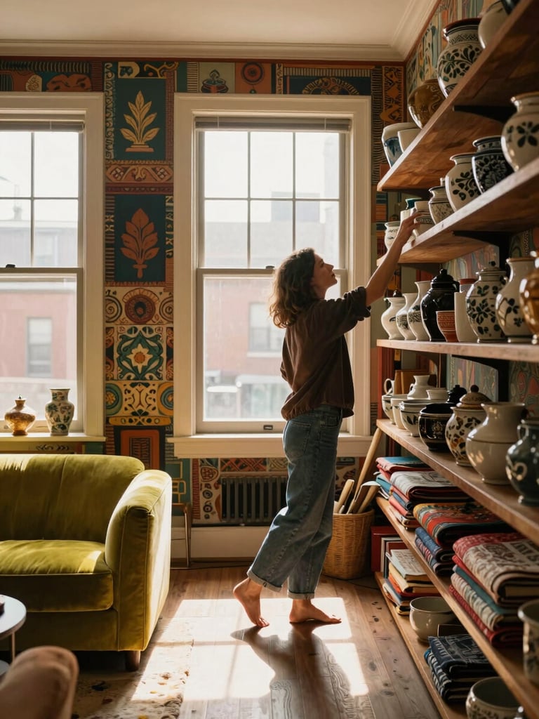 Wide shot of a DC apartment interior, Libby mid-motion reaching toward a shelf packed with vintage ceramics and layered textiles, golden-hour light streaming through a window, lime-green velvet chair visible in the left foreground, walls dense with pattern and color
