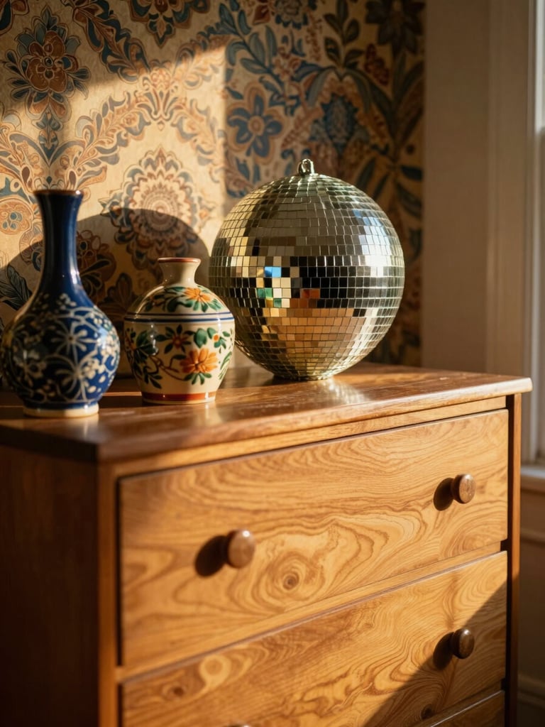 Close-up portrait shot of a thrift-sourced vintage dresser in a DC apartment bedroom, layered with colorful ceramic objects, a disco-ball ornament catching warm afternoon light, richly patterned wallpaper behind it, golden-hour glow